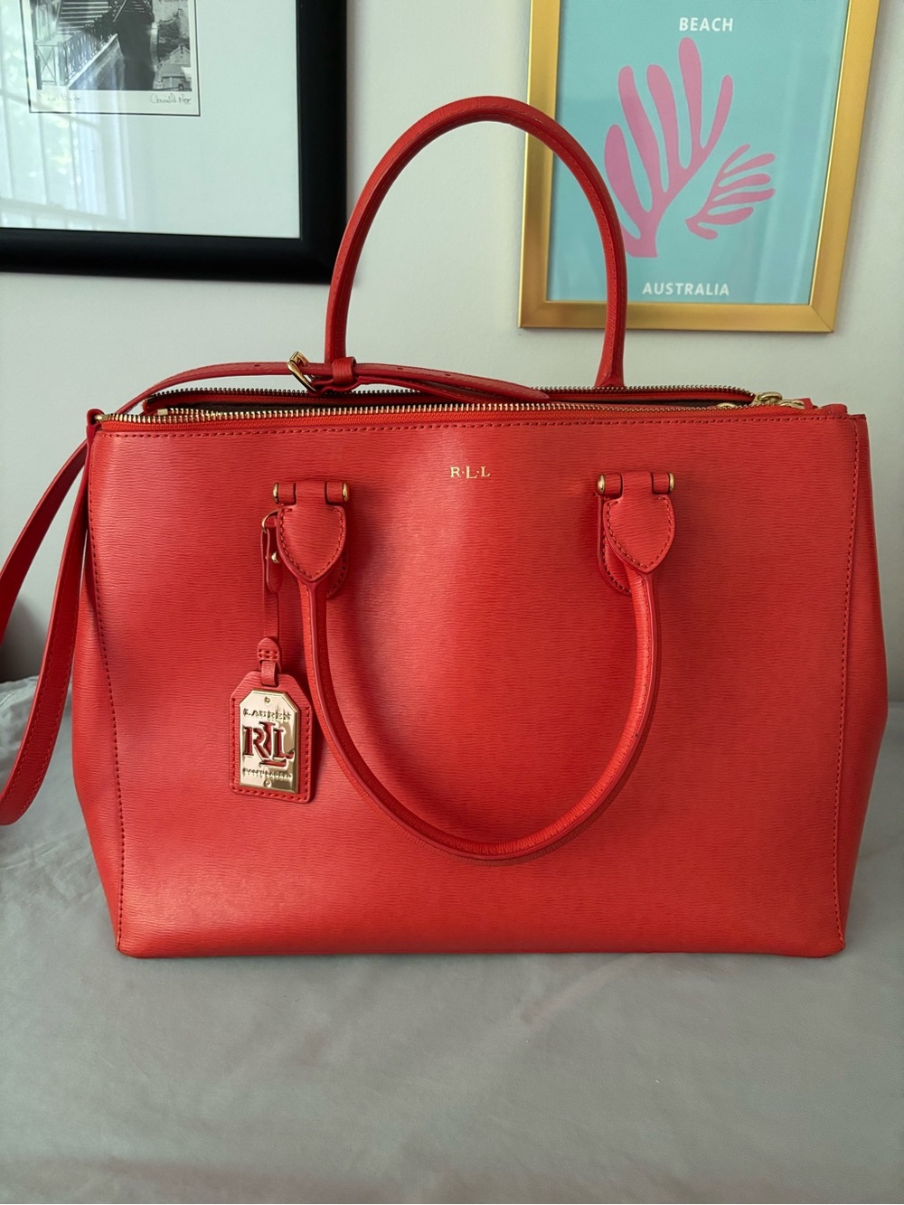 Ralph Lauren Vibrant orange Leather Satchel with Gold Hardware